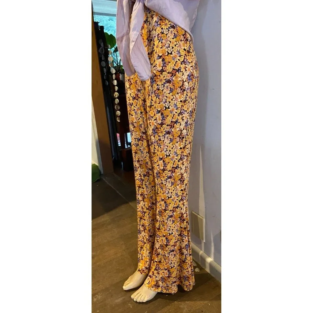 🌱 SPORTSGIRL floral retro 60's yellow flared pants hippy size XL stretch (14) - Picture 1 of 13